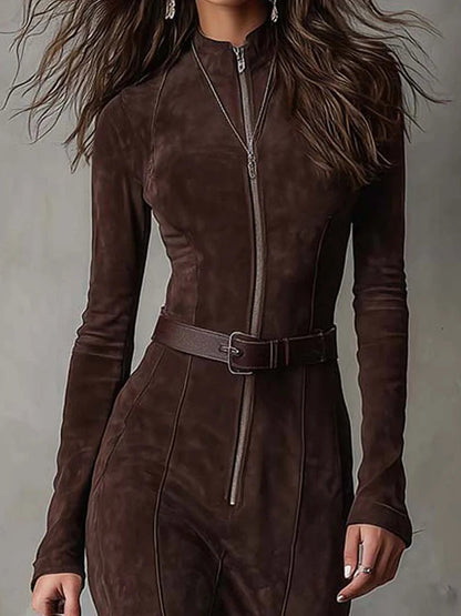 Robe longue vintage marron zippée avec ceinture (ceinture incluse)