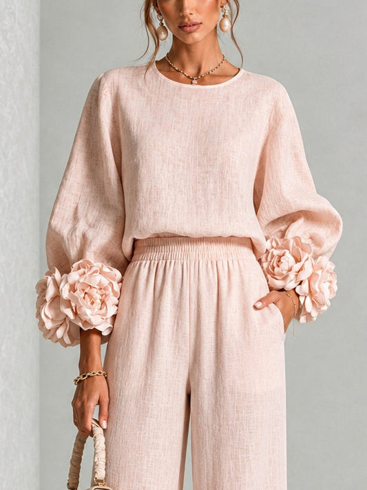 Rose - Ensemble deux pièces à poignets fleuris