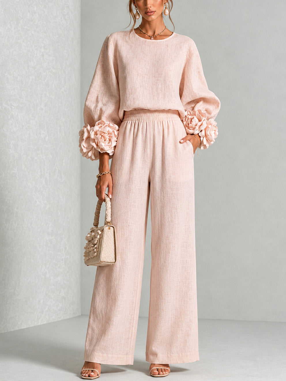 Rose - Ensemble deux pièces à poignets fleuris