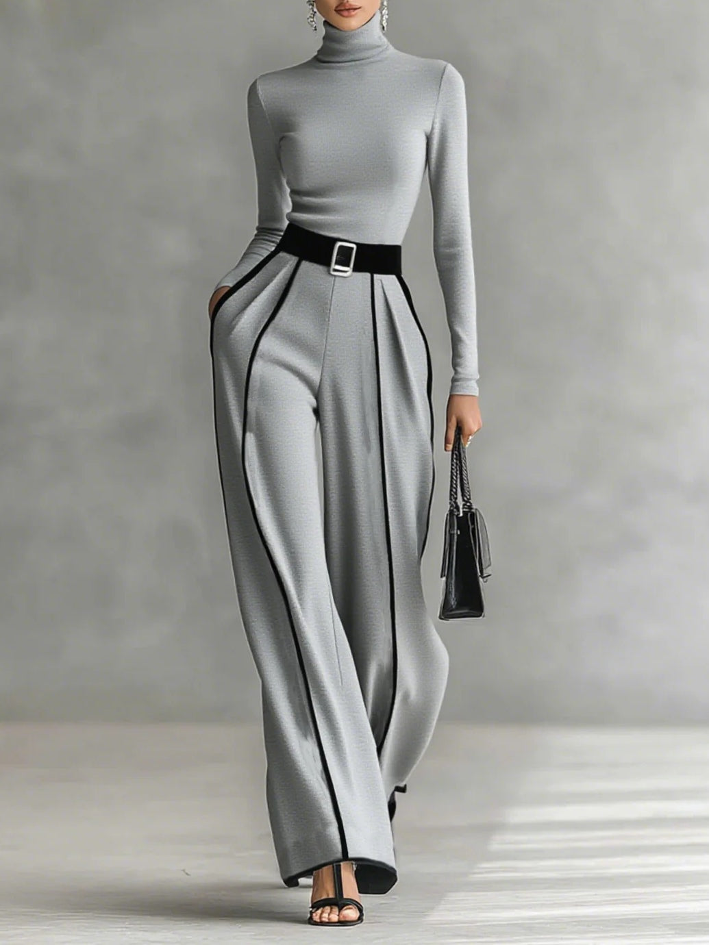 Ensemble avec haut à col montant et manches longues à bordures blanches, pantalon à jambes larges et ceinture