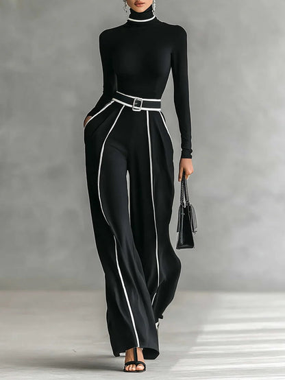 Ensemble avec haut à col montant et manches longues à bordures blanches, pantalon à jambes larges et ceinture