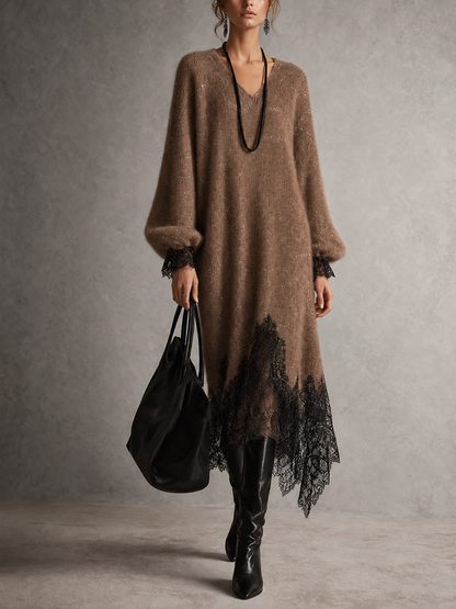 Robe midi grise en maille avec ourlet en dentelle