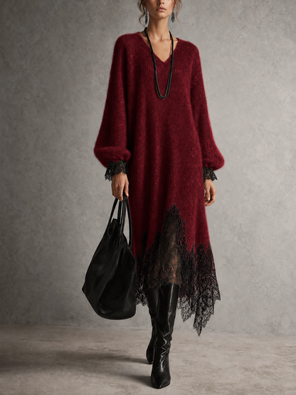 Robe midi grise en maille avec ourlet en dentelle