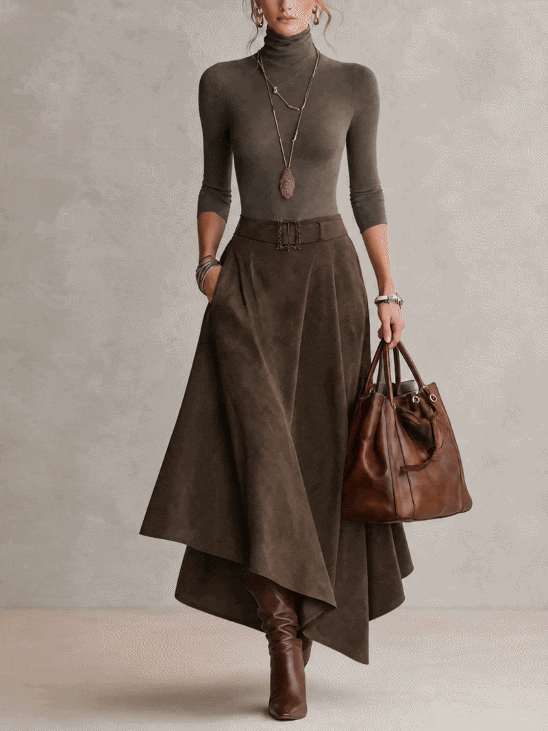 Ensemble taupe en jersey à col montant et jupe asymétrique effet suédine