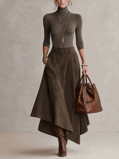 Ensemble taupe en jersey à col montant et jupe asymétrique effet suédine