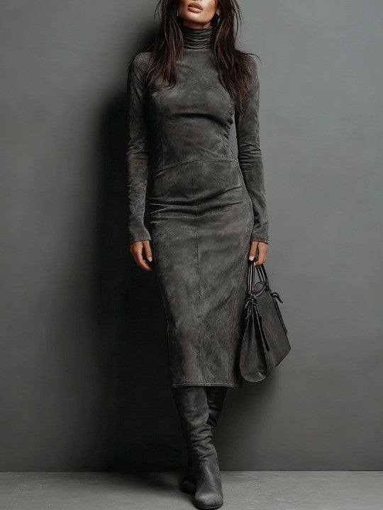 Lorène | Robe midi marron effet daim