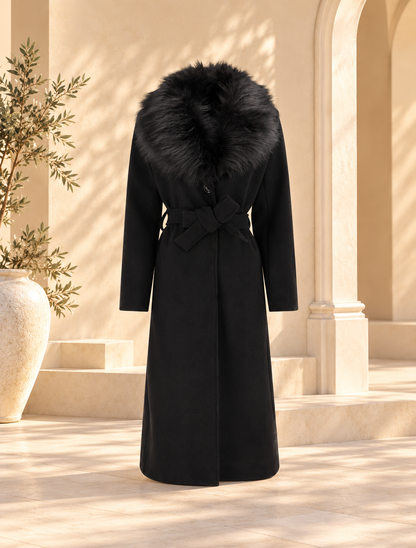 Manteau long ceinturé avec fourrure synthétique amovible - Noir
