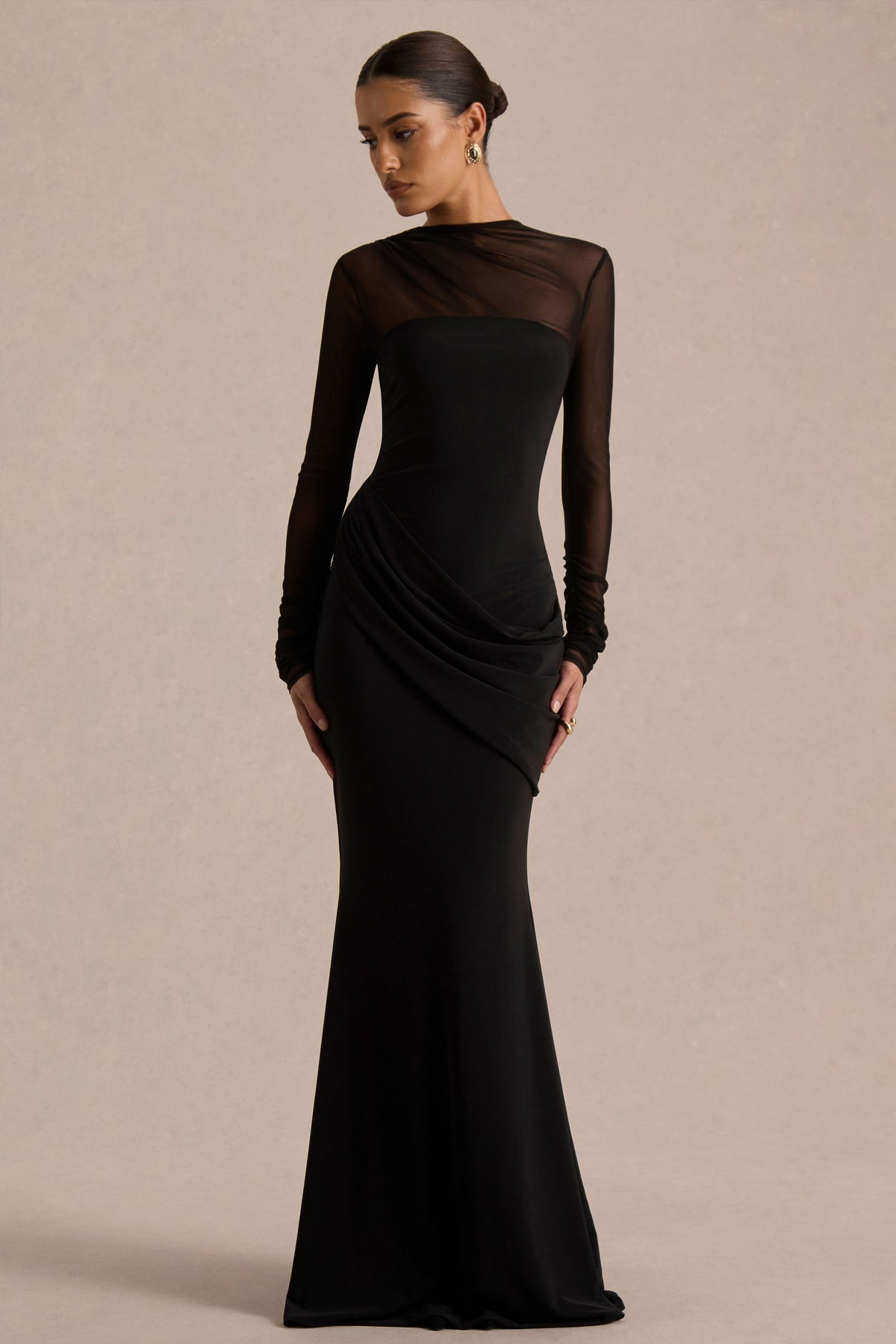 Deema | Zwarte Jersey Maxi Jurk Met Hoge Hals, Lange Mouwen En Gerimpelde Detail