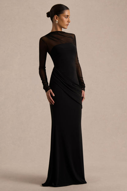 Deema | Zwarte Jersey Maxi Jurk Met Hoge Hals, Lange Mouwen En Gerimpelde Detail