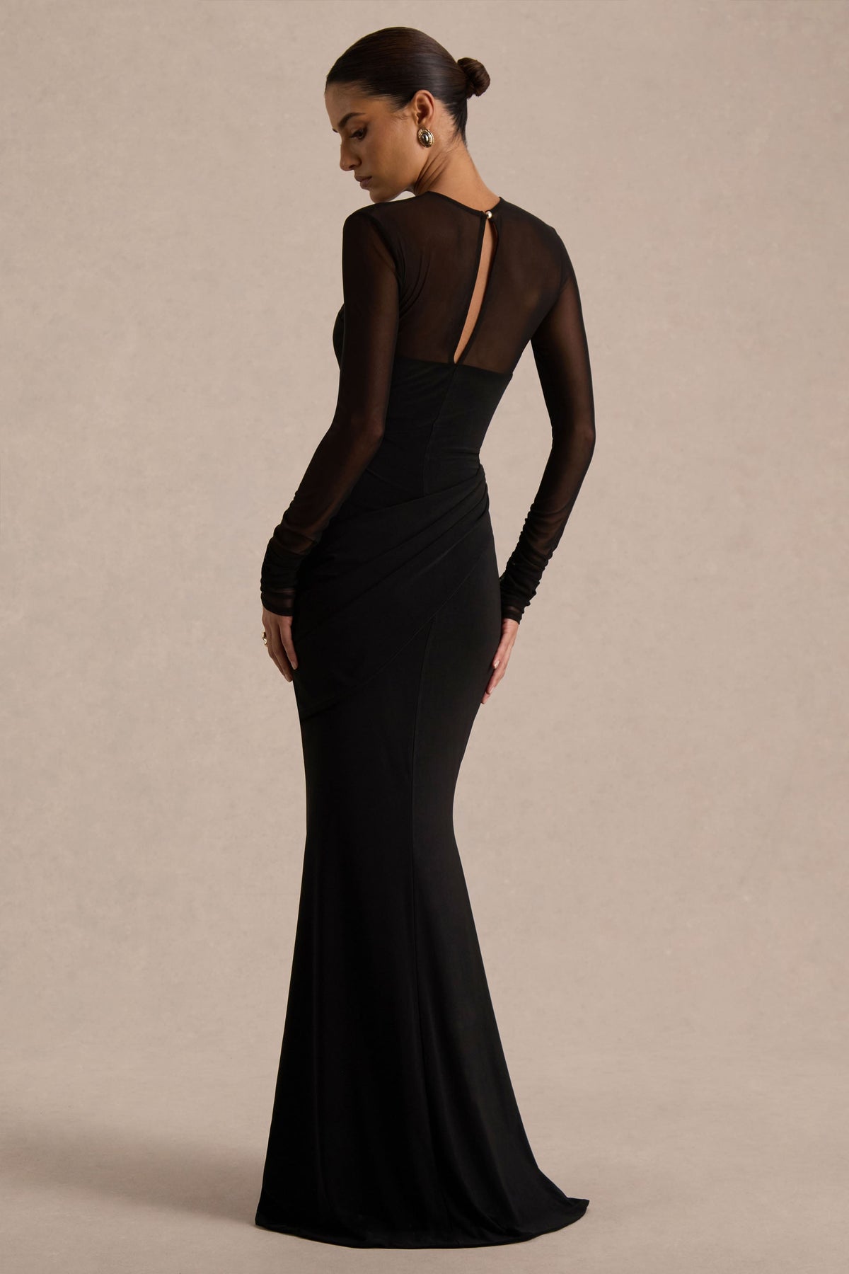 Deema | Zwarte Jersey Maxi Jurk Met Hoge Hals, Lange Mouwen En Gerimpelde Detail