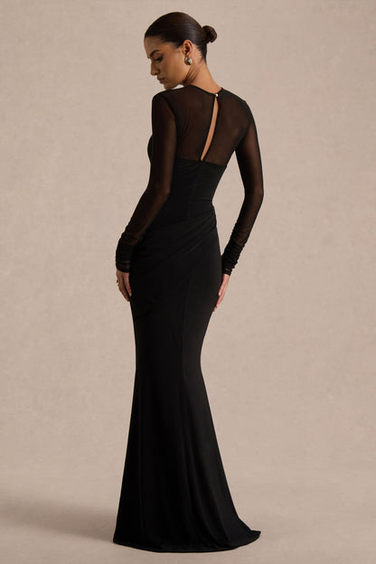 Deema | Zwarte Jersey Maxi Jurk Met Hoge Hals, Lange Mouwen En Gerimpelde Detail