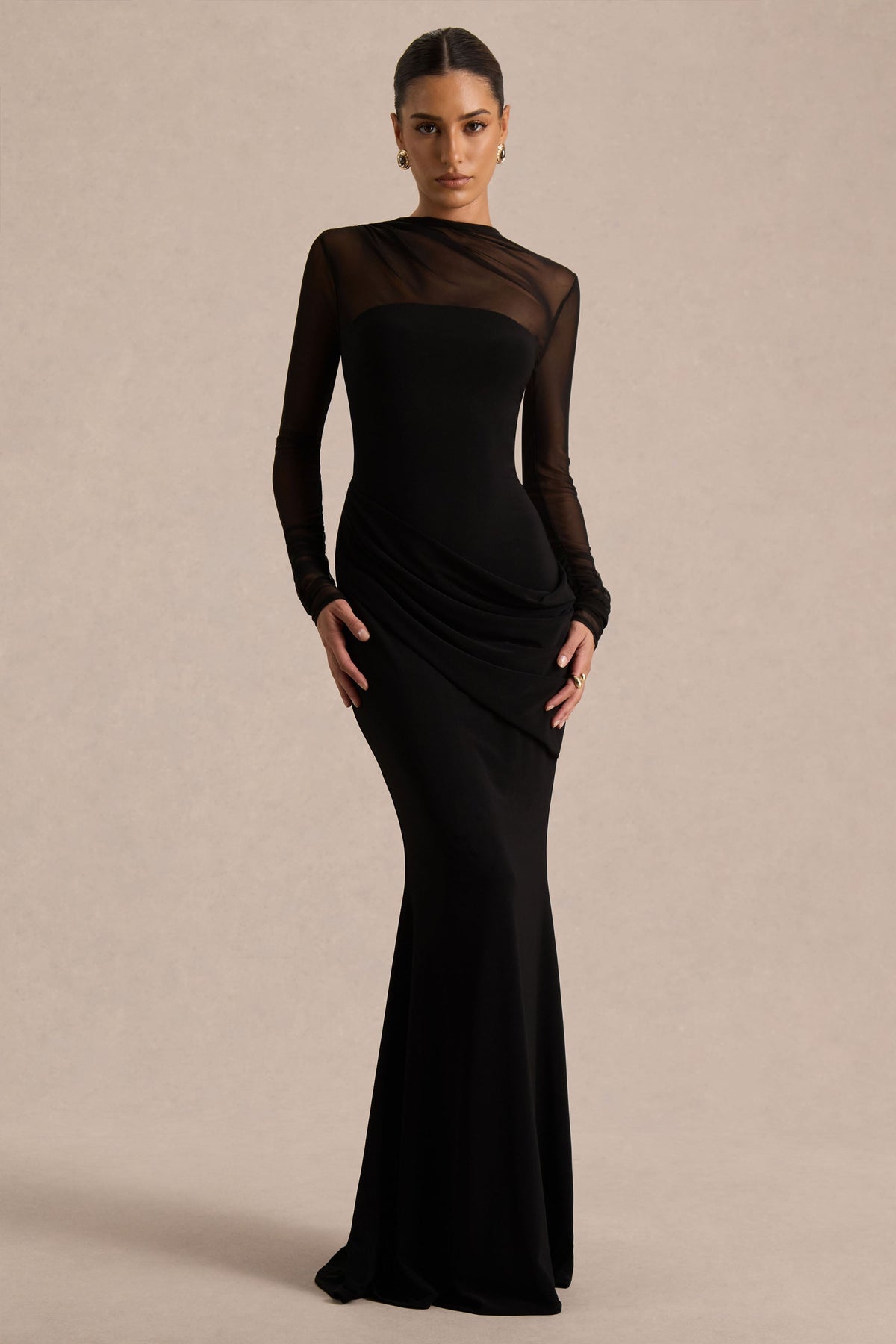 Deema | Zwarte Jersey Maxi Jurk Met Hoge Hals, Lange Mouwen En Gerimpelde Detail