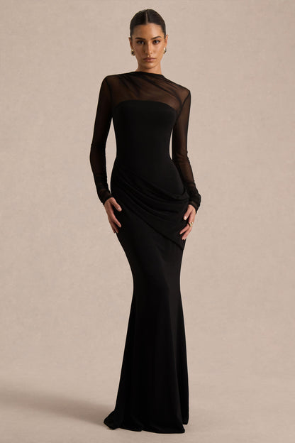 Deema | Zwarte Jersey Maxi Jurk Met Hoge Hals, Lange Mouwen En Gerimpelde Detail